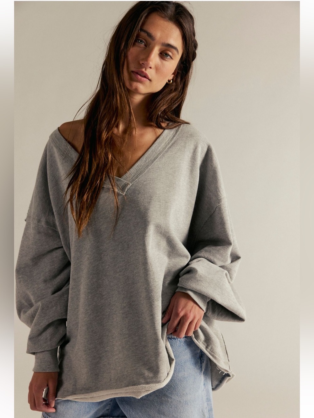 Free People We The Free Venice V-Neck Sweatshirt – Heather Grey – Size L